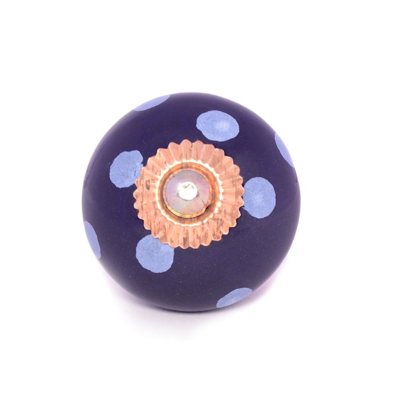 Navy Blue Hand Painted Polka Dot Ceramic Door Knobs For Cabinets