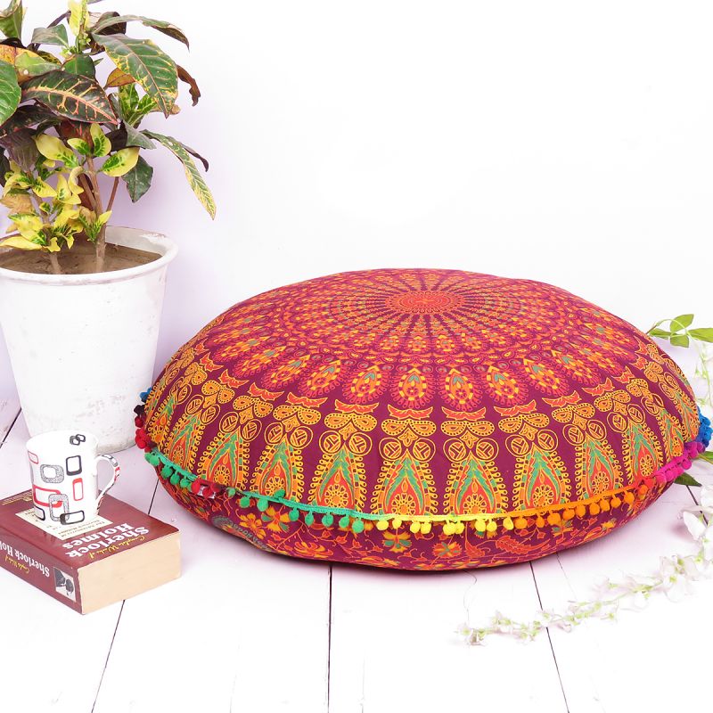 Printed Floral Boho Decorative Round Mandala Cotton Cushion Cover