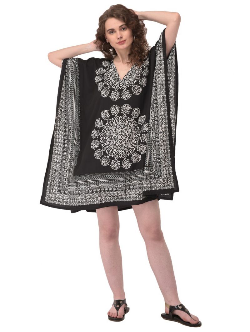 Black Floral Tunic Kaftan Plus Size Polyester Dress for Women Short Tunics Beachwear