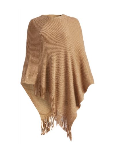 Beige Casual and Warm Silk Acrylic Women's Hand Knitted Long Cape Poncho for Winter