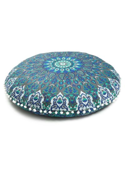 Blue Paisley Decorative Cotton Round Floor Cushion Cover 32