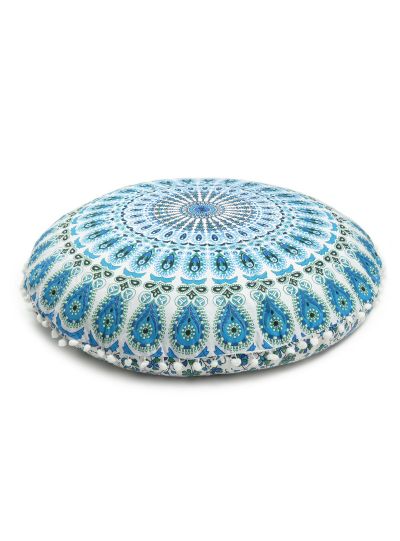 SkyBlue Mandala Printed Decorative Cotton Round Floor Cushion Cover 32