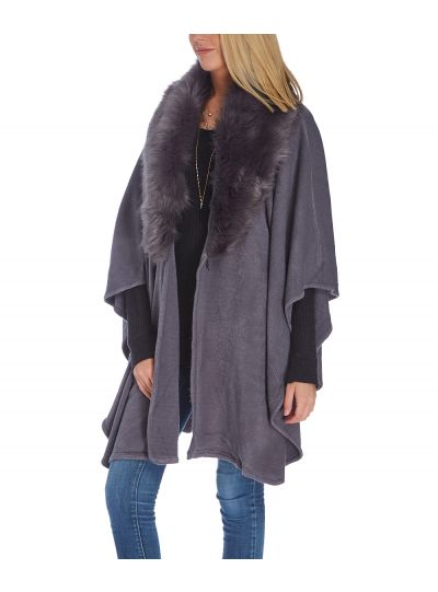 Gray Faux Fur Trim Solid Shawl Wrap For Women Winter Wear Poncho Cardigan