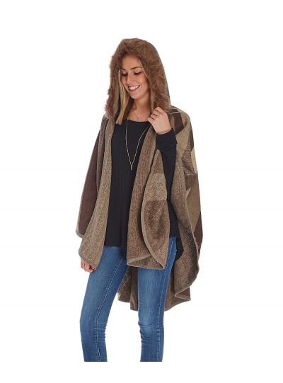 Brown Fur Ruana Faux Shawl Wrap For Women Poncho Style Winterwear Cardigan