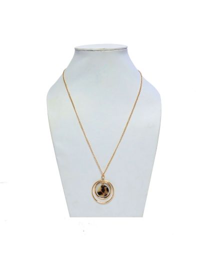 Brown Tortoise Shell Round Pendant Metal Resin Necklace for Women Girl