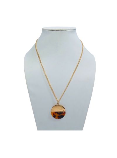 Women Brown Resin Tortoise Shell Pendent Necklace Golden Tone Neck Jewelry