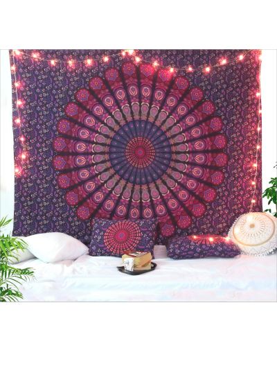 Purple Peacock Mandala King Size Tapestry With 2 Pillow Cover For Home Décor
