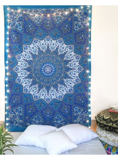 Blue Star Mandala Wall Hanging Tapestry Twin Size Beach Blanket Picnic Throw