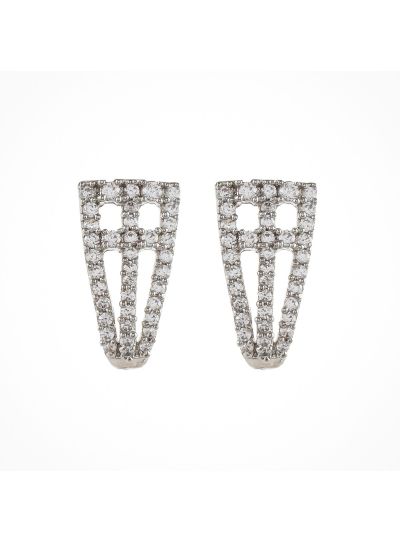 White CZ Paved Earring Hook Shape Hollow Stud Earrings Jewelry Gift for Women