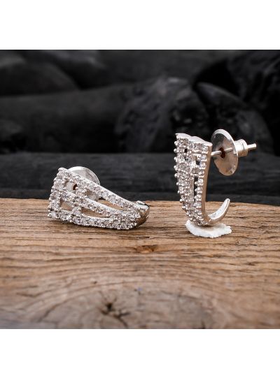 White CZ Paved Earring Hook Shape Hollow Stud Earrings Jewelry Gift for Women