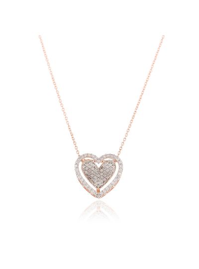 Women Heart Shape Cubic Zirconia Round Stone Pendant Chain Necklace 