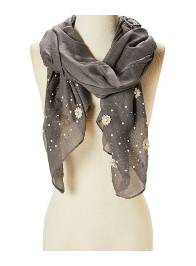 Women Black & Gold Floral Imitation Pearl-Accent Scarf