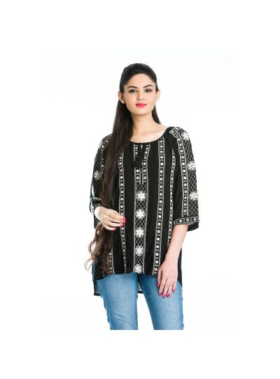 Black Geometric Stripe Mirror Work Embroidered Floral Misses Top for Women Online Small