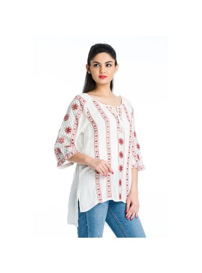 Off White Geometric Stripe Mirror Work Embroidered Floral Misses Top for Women Online Small