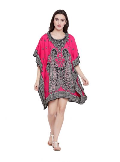 Fuchsia Digital Printed Paisley Tunic for Women Plus Size Short Kaftan Dress