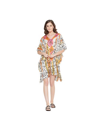 Beige Women Short Kaftan Polyester Floral Print Dress Lightweight Mini Tunic Top
