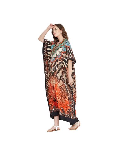 White Women Polyester Floral Print Long Maxi Kaftan