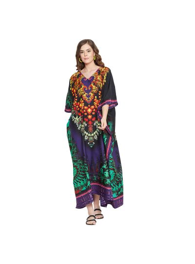 Mulit Colour Polyester Floral Print Long Maxi Kaftan