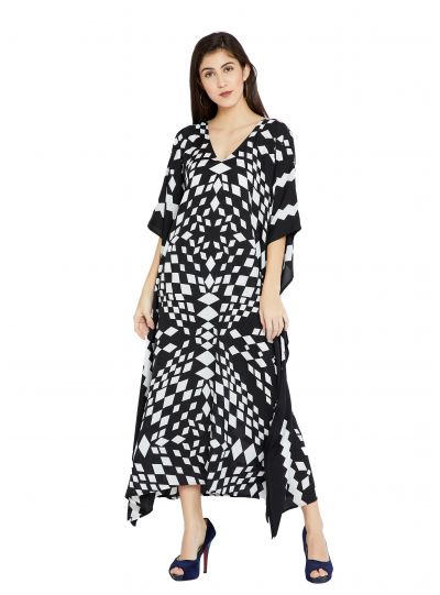 White Geometric Design Plus Size Kaftan Dress for Women Full Length Maxi Kimono Online