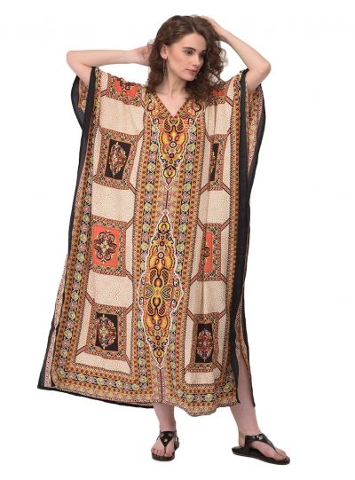 Women Kaftan African Geometric Print Beige Caftan Hippie Style Plus Size Maxi Dress 