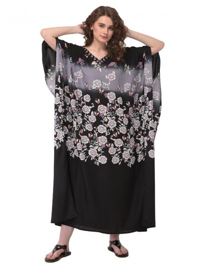 Black Floral Kaftan Women Bohemian Long Maxi Dress Plus Size Beach Wear Caftan