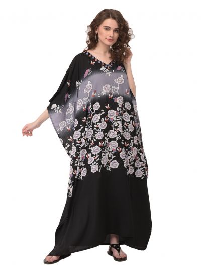 Black Floral Kaftan Women Bohemian Long Maxi Dress Plus Size Beach Wear Caftan