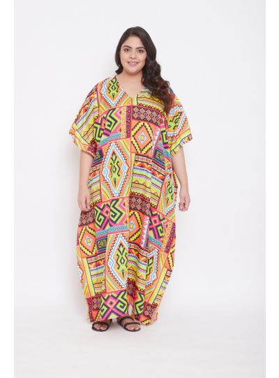 Women Polyester Plus Size V-Neck Caftan Dress