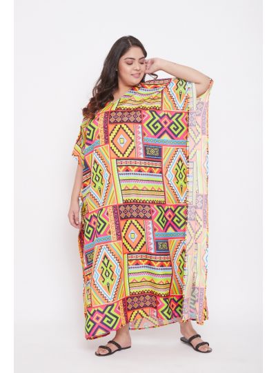 Women Polyester Plus Size V-Neck Caftan Dress