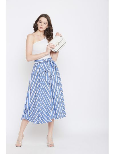 Women Rayon Striped Skirt A-Line High Waist Midi Skirt With Belt