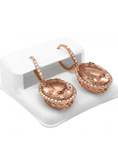 14K Rose Gold Diamond Oval Cut Morganite Dangle Earrings For Women