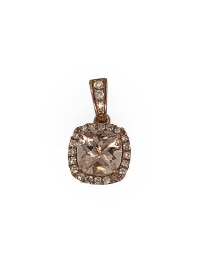 14K Rose Gold Cushion Cut Morganite Halo Diamond Pendant Necklace For Women