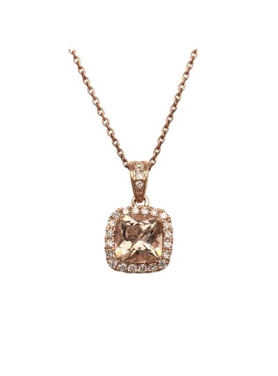 14K Rose Gold Cushion Cut Morganite Halo Vintage Diamond Pendant For Women