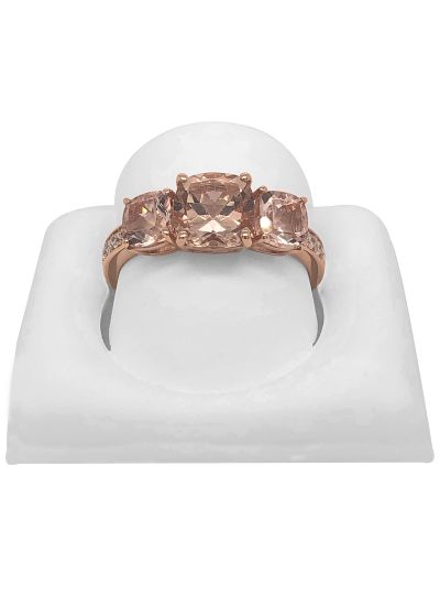 14K Rose Gold Cushion Cut Morganite Diamond 3 Stone Designer Ring For Women