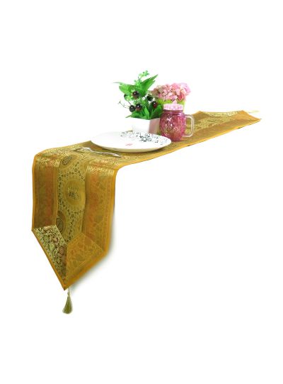 Brown Indian Handmade Silk Brocade Floral Paisley Table Runner Dining Decor Table Cloth 
