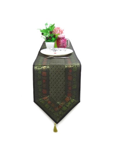 Black Indian Handmade Silk Brocade Floral Table Runner Dining Decor Table Cloth