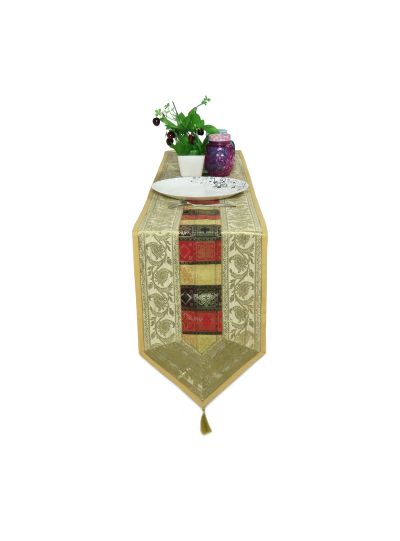 Indian Art Silk Brocade Beige Table Runner Dining Decor Table Cloth