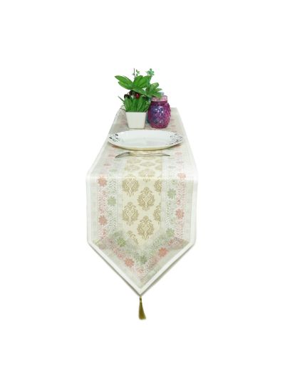 Indian Brocade Silk White Table Runner Placemats & Tea Coasters Set Of 13Pcs