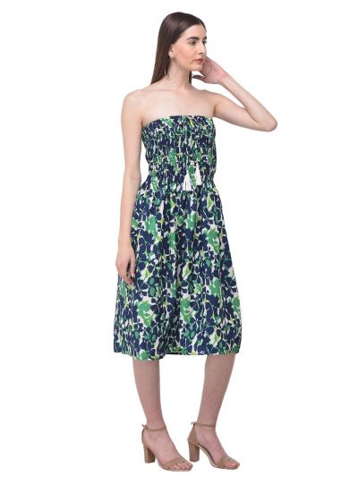 Women Green Strapless Tube Dress Floral Printed Short Summer Mini Dress