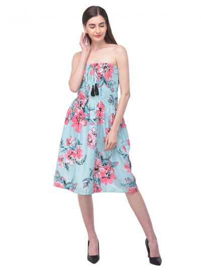 Turquoise Strapless Floral Printed Short Tube Dress for Women Fashion