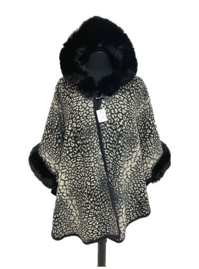 Women Leopard Pattern Acrylic Hooded Poncho Capes