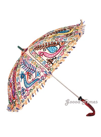 Multicolor Ethnic Boho Handmade Peacock Pattern Mirror Work Embroidered Parasol Sun Umbrella