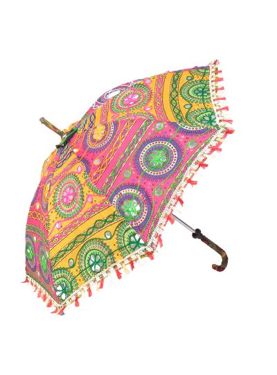 Multicolor Ethnic Boho Handmade Floral Pattern Mirror Work Embroidered Parasol Sun Umbrella