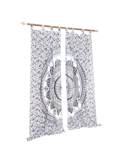 Gray Cotton Handmade Printed Floral Mandala Curtains for Window Living Room Indian Tapestry Decor