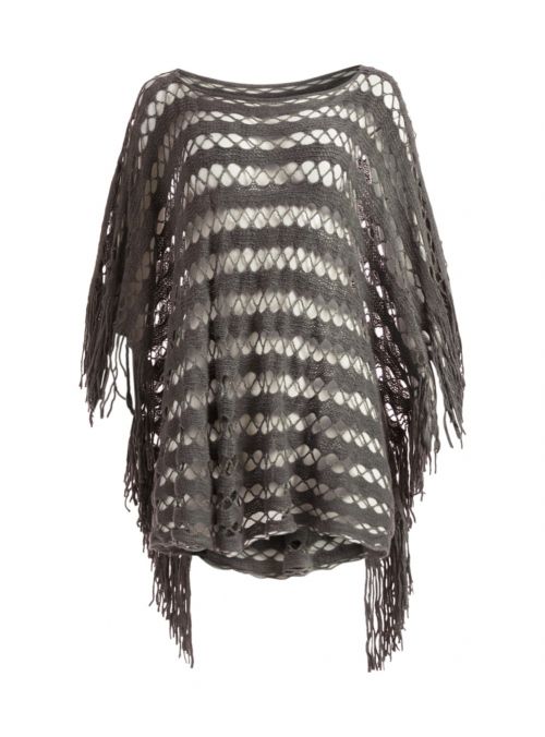 Gray Warm and Chunky Silk Acrylic Knitted Women's Fall Cape Poncho for Winter Fashion