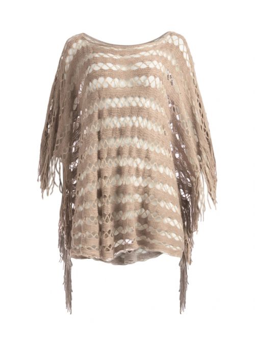Beige Warm Chunky Silk Acrylic Knitted Women's Fall Cape Style Poncho for Winter Fashion