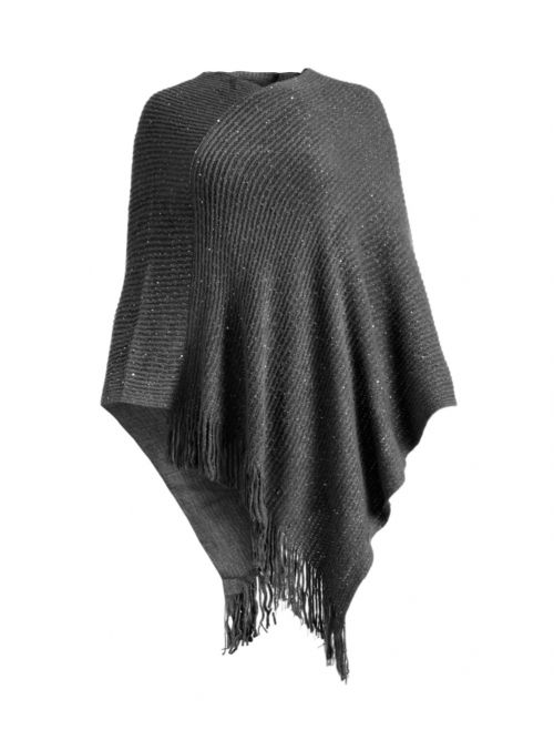 Gray Casual and Warm Silk Acrylic Women's Hand Knitted Long Cape Poncho for Winter