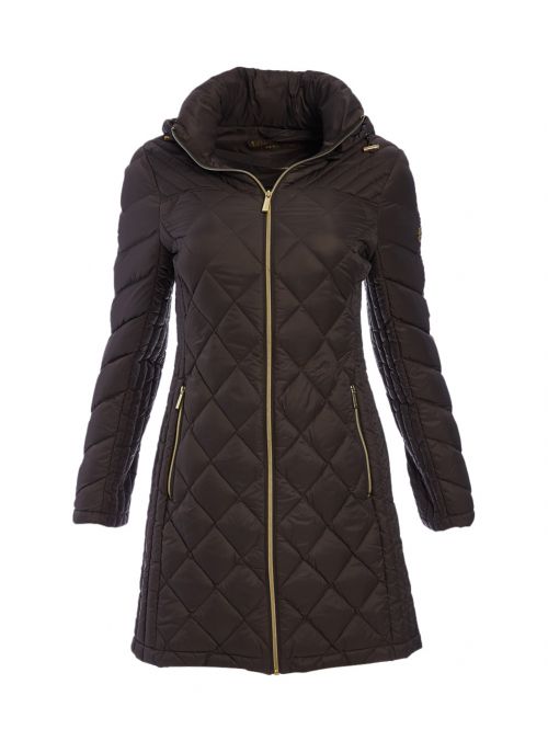 Michael Kors Long Quilted Puffer Down Jacket for Women Winter Fashion Online Mocha Size M