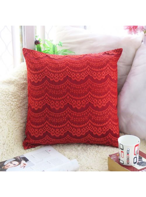 Handmade Lace Polydupion Floral Red Cushion Cover 