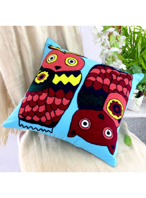 Handmade Embroidered Cotton Square Cushion Cover 18” X 18”