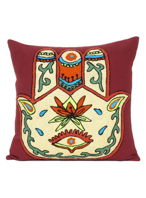 Hamsa Embroidered Decorative Cotton Square Cushion Cover 18” X 18”
